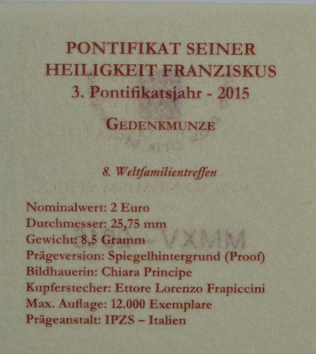 Vatikan 2015 VIII. Weltfamilientreffen Philadelphia – Zertifikat