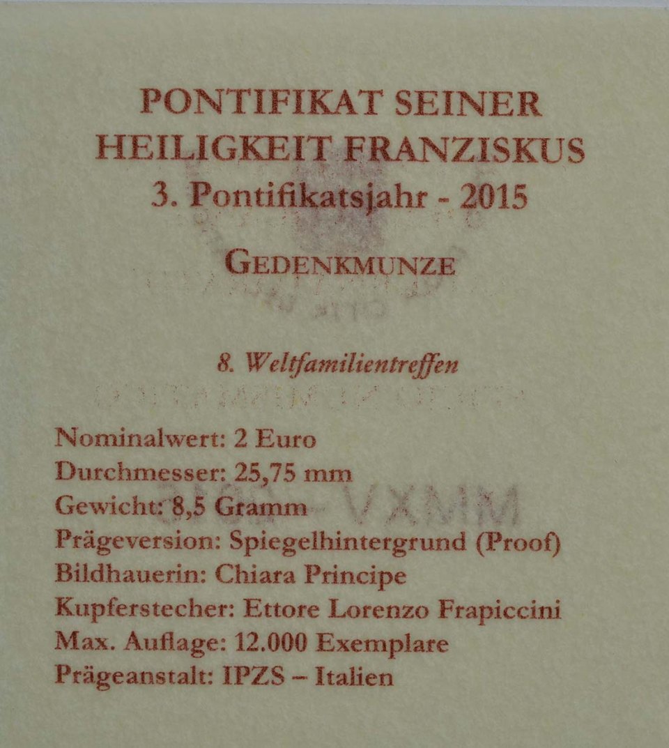 Vatikan 2015 VIII. Weltfamilientreffen Philadelphia – Zertifikat