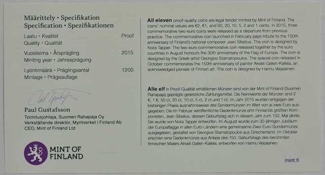 Finnland 2015 150. Geburtstag von Jean Sibelius – Zertifikat