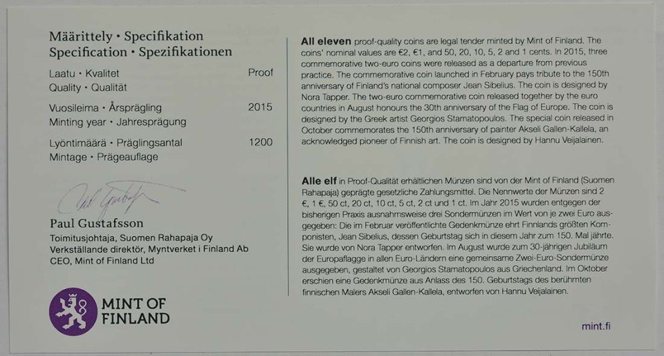 Finnland 2015 150. Geburtstag von Akseli Gallen-Kallela – Zertifikat
