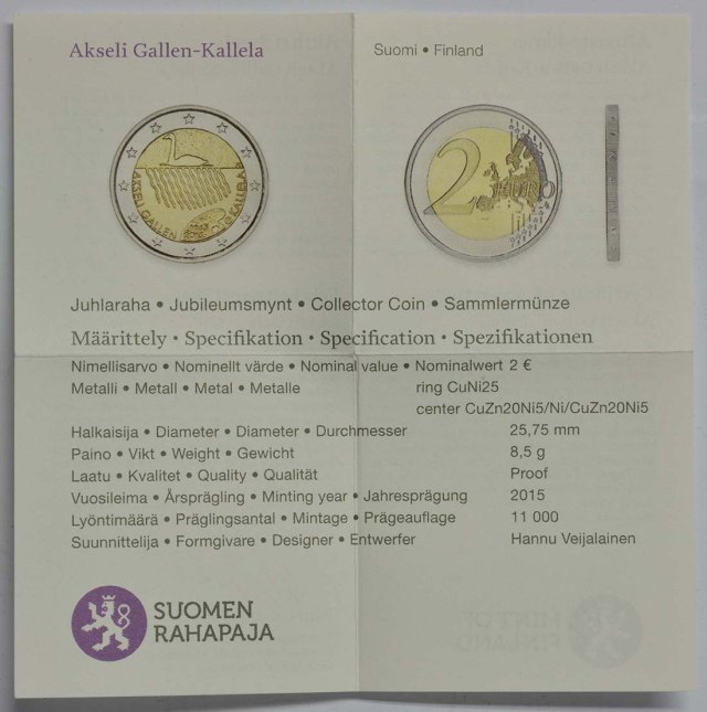 Finnland 2015 150. Geburtstag von Akseli Gallen-Kallela – Zertifikat