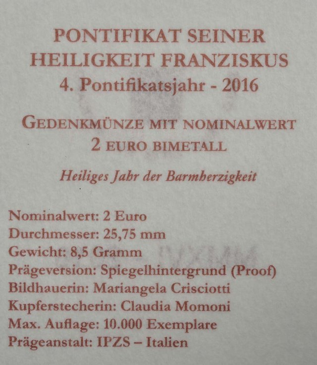 Vatikan 2016 Heiliges Jahr der Barmherzigkeit – Zertifikat