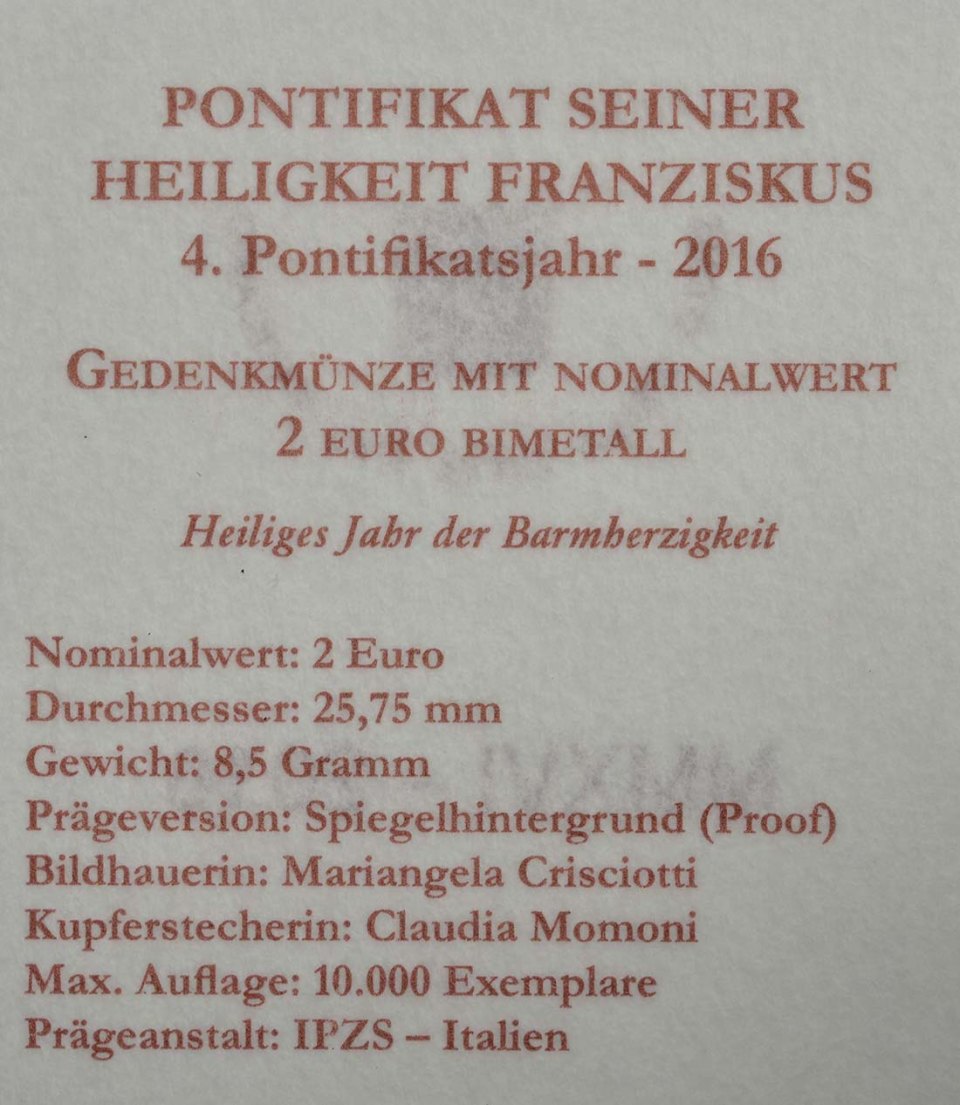 Vatikan 2016 Heiliges Jahr der Barmherzigkeit – Zertifikat