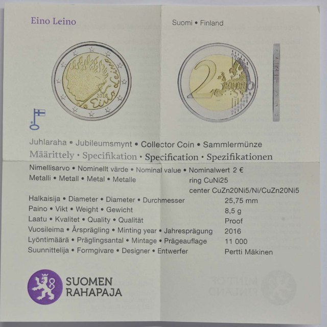 Finnland 2016 90. Todestag von Eino Leino – Zertifikat