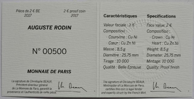 Frankreich 2017 100. Todestag von Auguste Rodin – Zertifikat