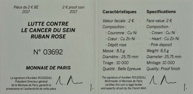Frankreich 2017 25 Jahre Rosa Schleife - Kampf gegen den Brustkrebs – Zertifikat