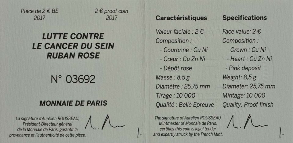 Frankreich 2017 25 Jahre Rosa Schleife - Kampf gegen den Brustkrebs – Zertifikat