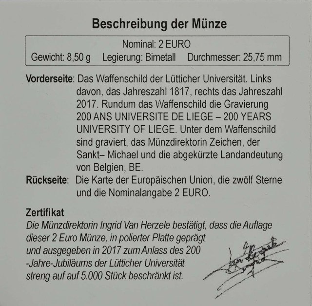 Belgien 2017 200 Jahre Universität zu Lüttich – Zertifikat