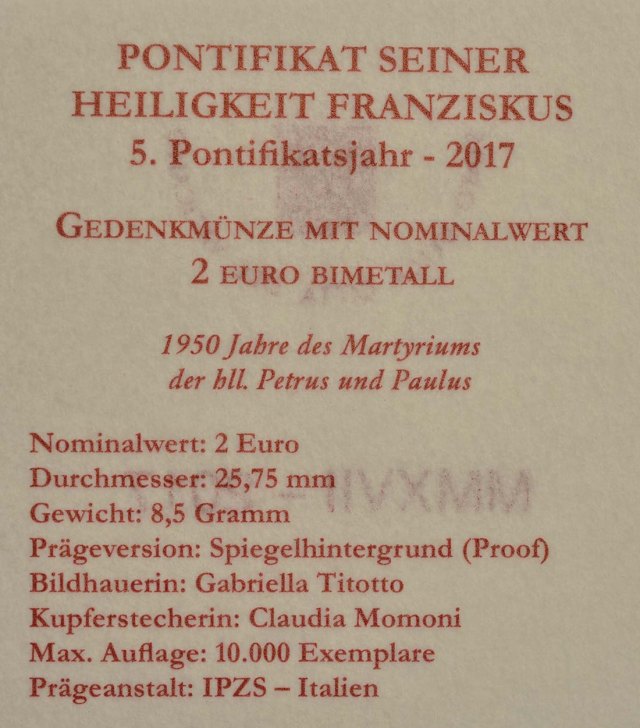 Vatikan 2017 1950 Jahre des Märtyrertods von Petrus und Paulus – Zertifikat