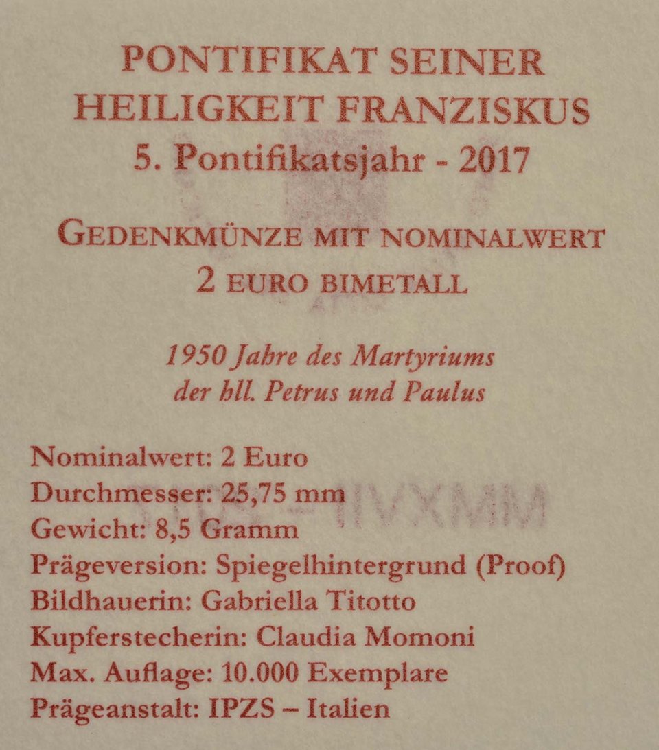 Vatikan 2017 1950 Jahre des Märtyrertods von Petrus und Paulus – Zertifikat