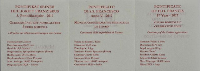 Vatikan 2017 100 Jahre der Erscheinungen bei Fátima – Zertifikat