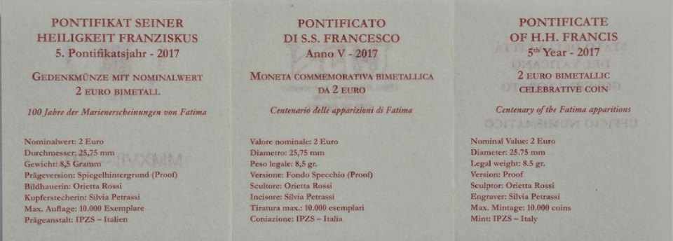 Vatikan 2017 100 Jahre der Erscheinungen bei Fátima – Zertifikat