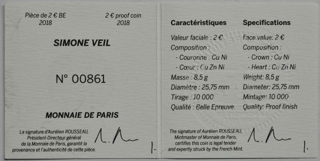 Frankreich 2018 Simone Veil – Zertifikat