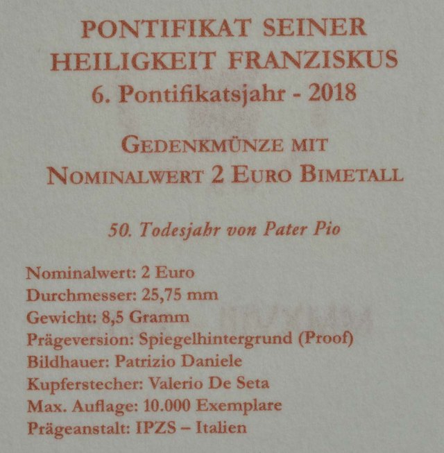 Vatikan 2018 50. Todestag von Pater Pio – Zertifikat
