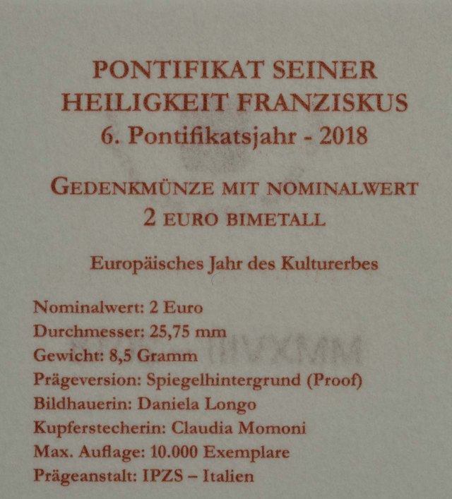 Vatikan 2018 Europäisches Jahr des Kulturerbes – Zertifikat