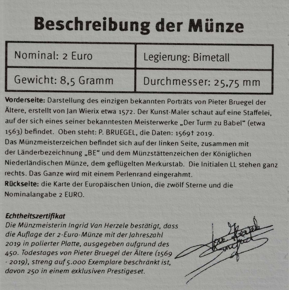 Belgien 2019 450. Todestag von Pieter Bruegel dem Älteren – Zertifikat