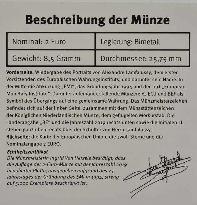 Belgien 2019 25. Gründungstag des Europäischen Währungsinstituts – Zertifikat