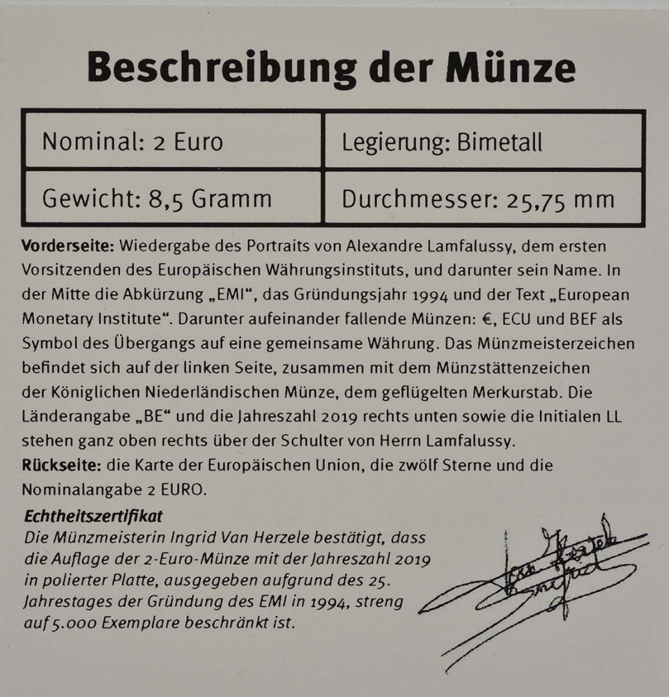 Belgien 2019 25. Gründungstag des Europäischen Währungsinstituts – Zertifikat