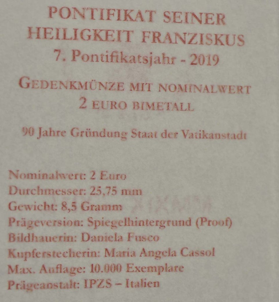 Vatikan 2019 90 Jahre Vatikanstadt – Zertifikat