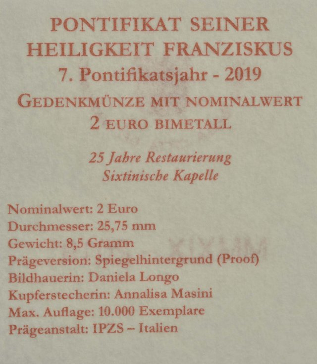 Vatikan 2019 25. Jahrestag der Restaurierung der Sixtinischen Kapelle – Zertifikat