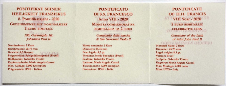 Vatikan 2020 100. Geburtstag von Johannes Paul II – Zertifikat