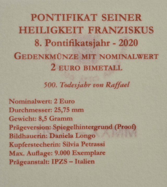 Vatikan 2020 500. Todestag von Raffael – Zertifikat