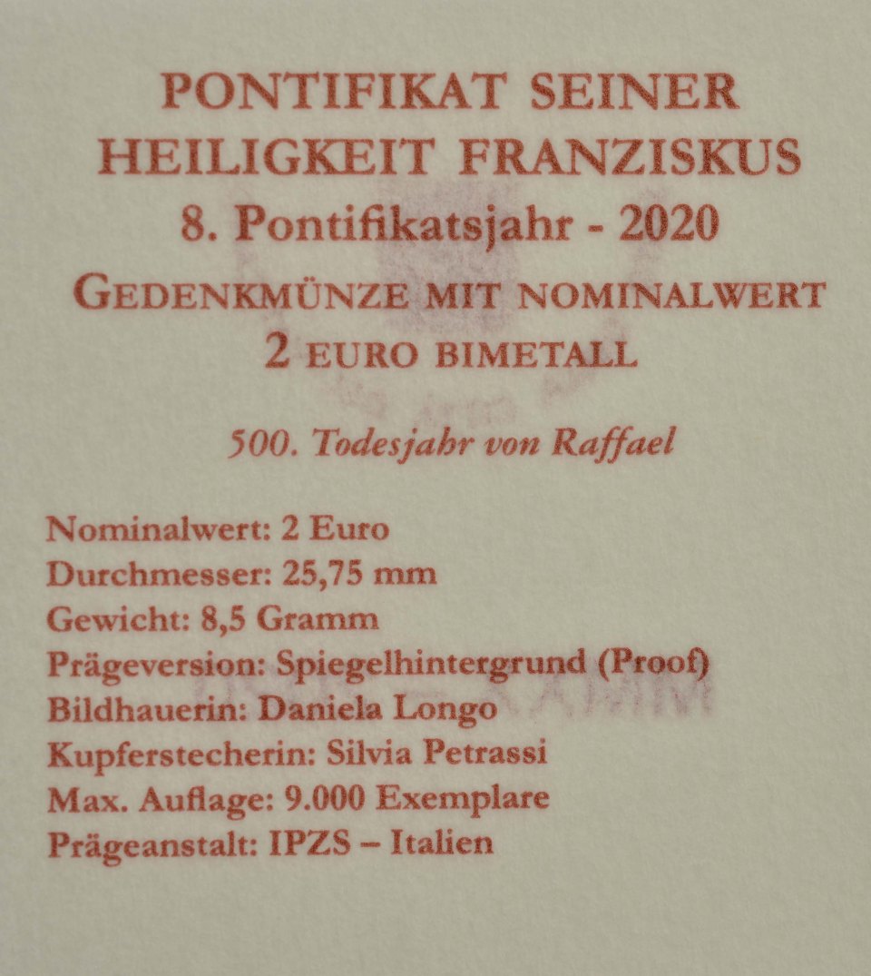 Vatikan 2020 500. Todestag von Raffael – Zertifikat