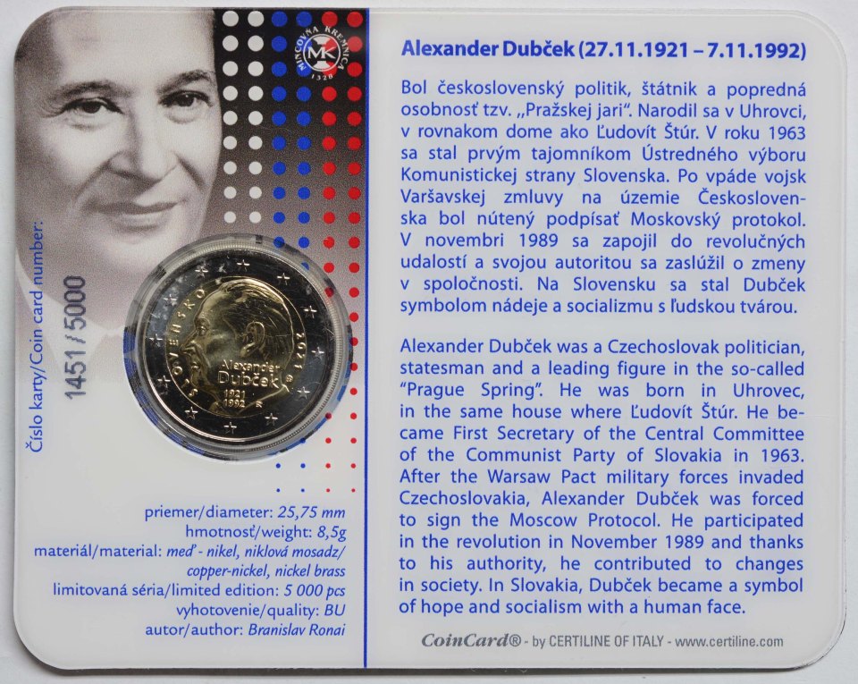 Slowakei 2021 100. Geburtstag von Alexander Dubček – Zertifikat