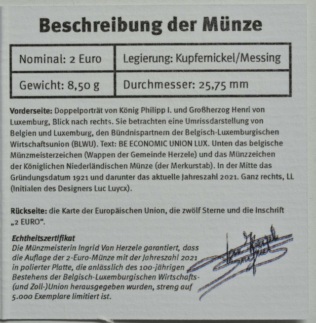 Belgien 2021 100. Jahrestag der Gründung der Belgisch-Luxemburgischen Wirtschaftsunion (BLEU) – Zertifikat