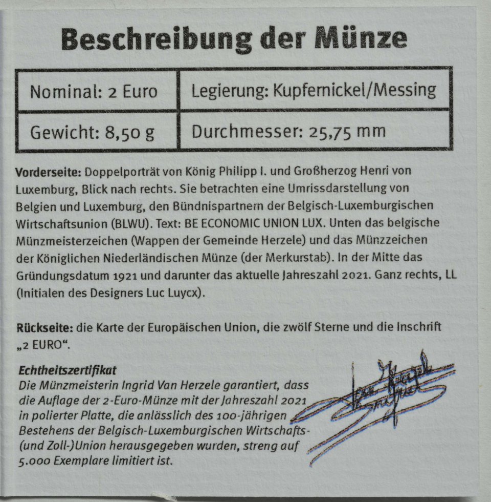 Belgien 2021 100. Jahrestag der Gründung der Belgisch-Luxemburgischen Wirtschaftsunion (BLEU) – Zertifikat