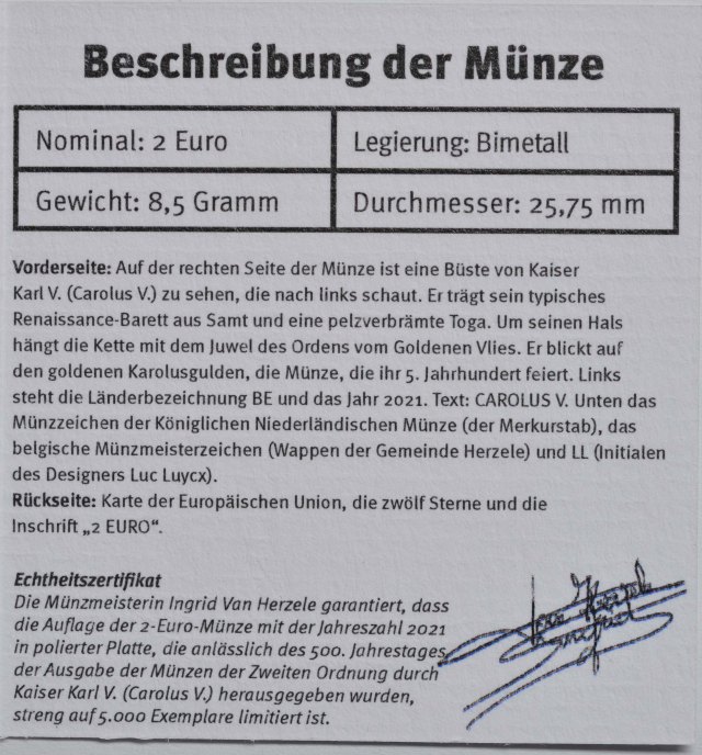 Belgien 2021 500 Jahre Münzausgaben durch Karl V – Zertifikat