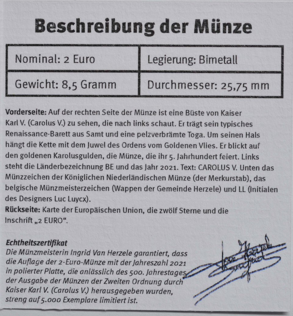 Belgien 2021 500 Jahre Münzausgaben durch Karl V – Zertifikat