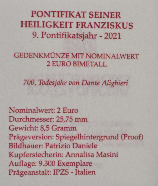 Vatikan 2021 700. Todestag von Dante Alighieri – Zertifikat