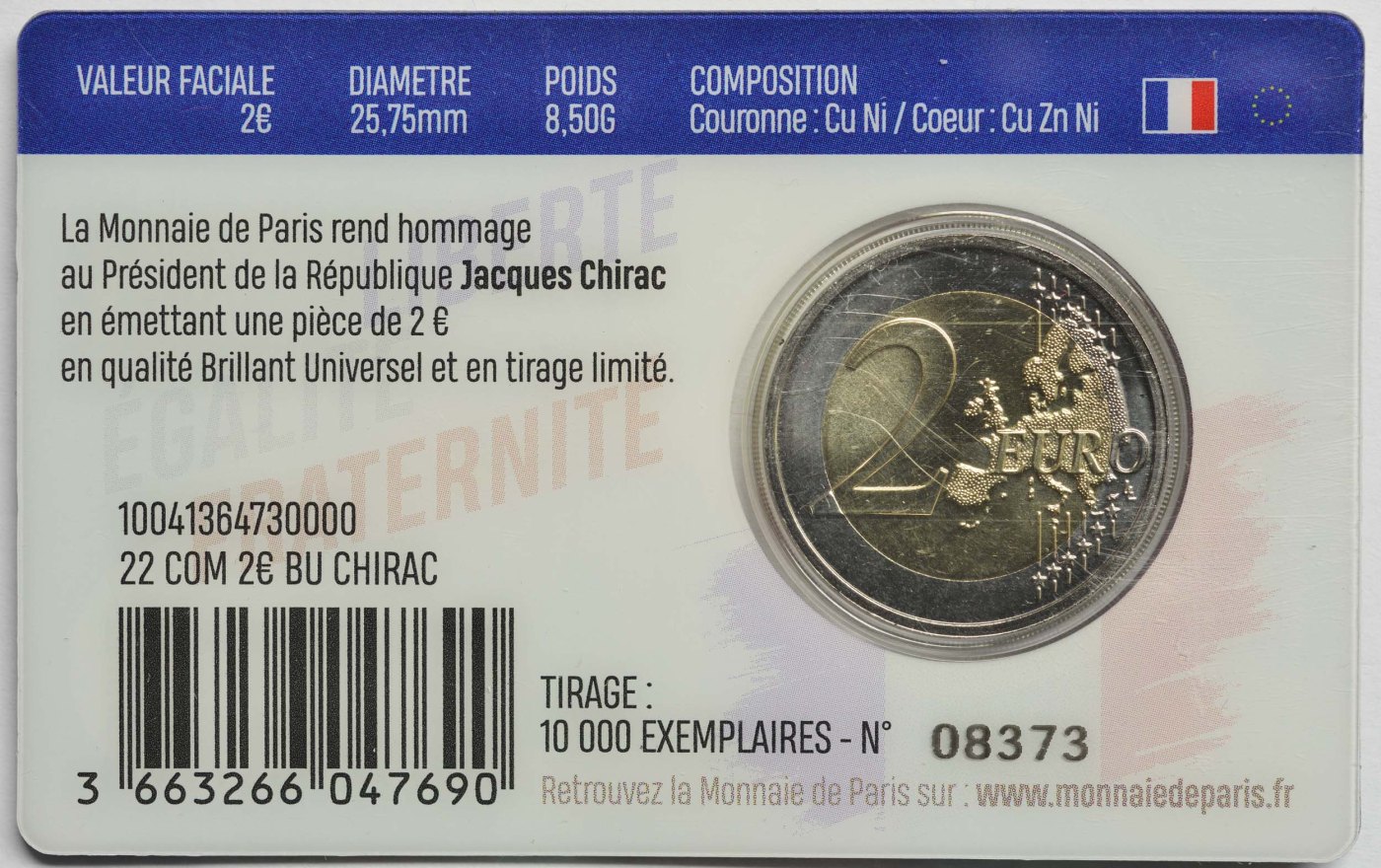 Frankreich 2022 Jacques Chirac 20 J. Euro-Bargeldumstellung – Zertifikat