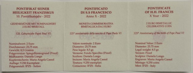 Vatikan 2022 125. Geburtstag von Papst Paul VI – Zertifikat