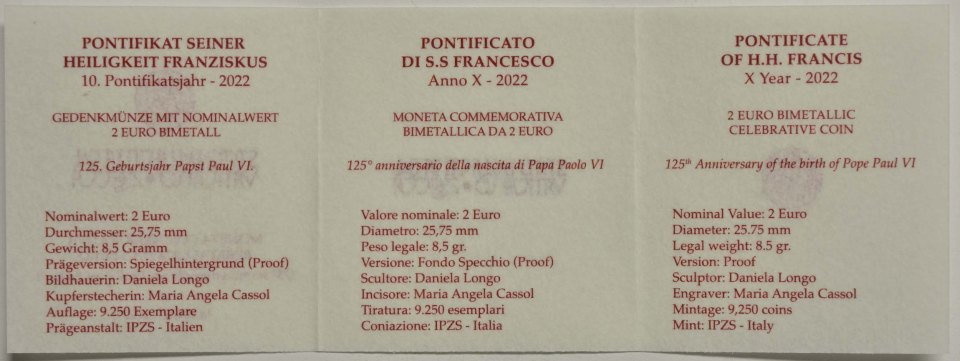 Vatikan 2022 125. Geburtstag von Papst Paul VI – Zertifikat