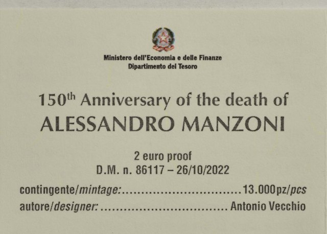Italien 2023 150. Todestag von Alessandro Manzoni – Zertifikat
