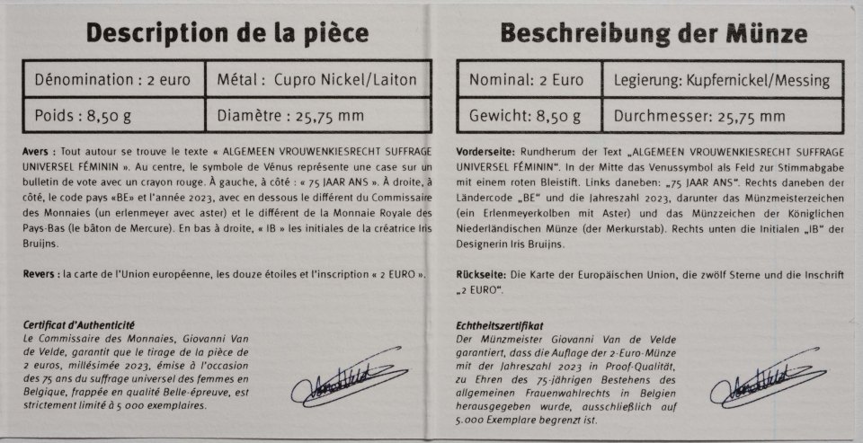 Belgien 2023 75 Jahre Frauenwahlrecht in Belgien – Zertifikat