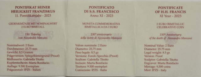 Vatikan 2023 150. Todestag von Alessandro Manzoni – Zertifikat
