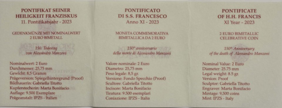 Vatikan 2023 150. Todestag von Alessandro Manzoni – Zertifikat