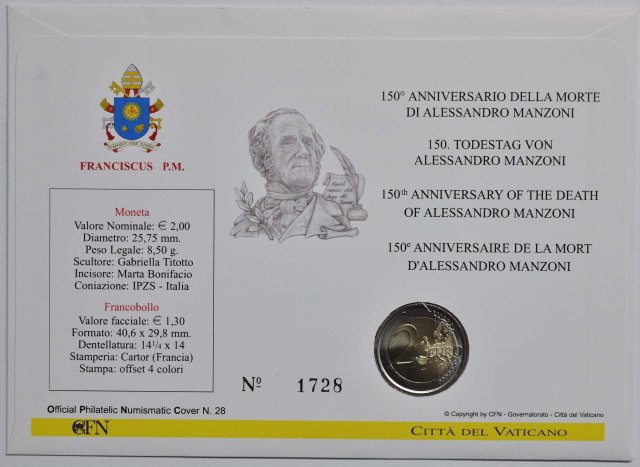 Vatikan 2023 150. Todestag von Alessandro Manzoni – Zertifikat