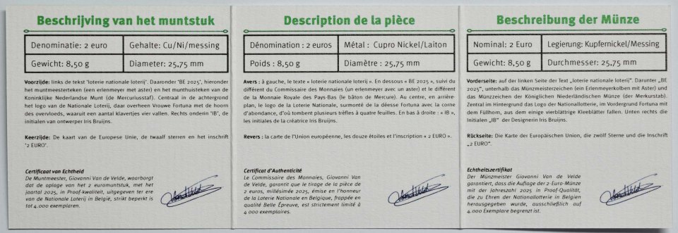 Belgien 2025 Nationallotterie Belgiens – Zertifikat