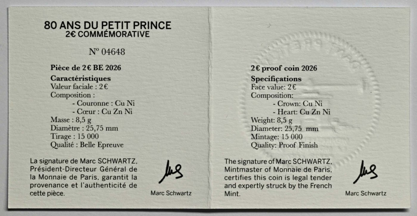 Frankreich 2026 80 Jahre "Der kleine Prinz" – Zertifikat