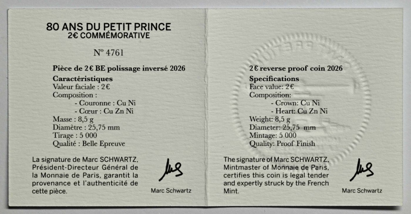 Frankreich 2026 80 Jahre "Der kleine Prinz" – Zertifikat