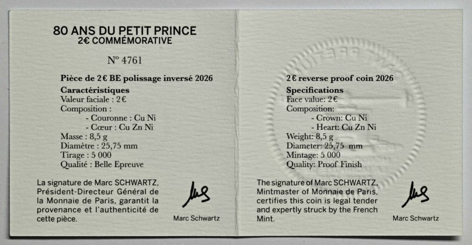 Frankreich 2026 80 Jahre "Der kleine Prinz" – Zertifikat
