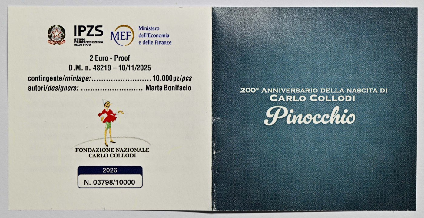 Italien 2026 200. Geburtstag von Carlo Collodi (Pinocchio) – Zertifikat
