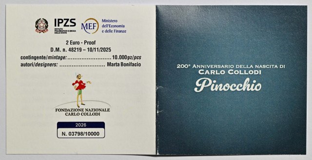 Italien 2026 200. Geburtstag von Carlo Collodi (Pinocchio) – Zertifikat