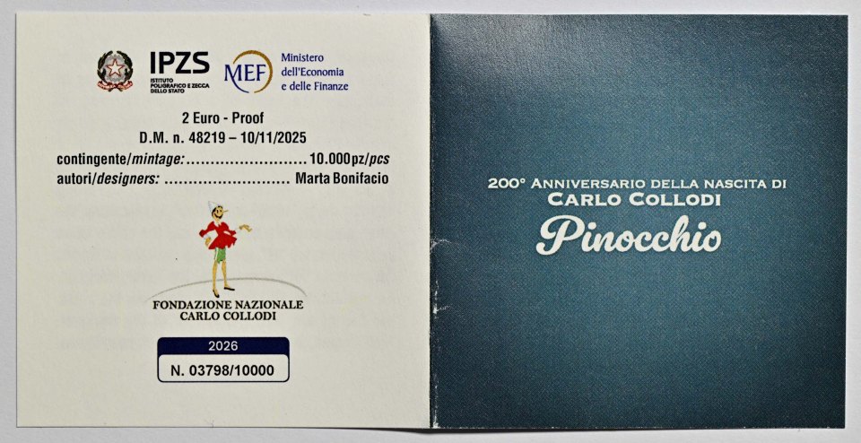 Italien 2026 200. Geburtstag von Carlo Collodi (Pinocchio) – Zertifikat