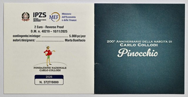 Italien 2026 200. Geburtstag von Carlo Collodi (Pinocchio) – Zertifikat