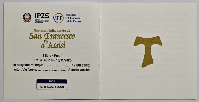 Italien 2026 800. Todestag von San Francesco d'Assisi – Zertifikat